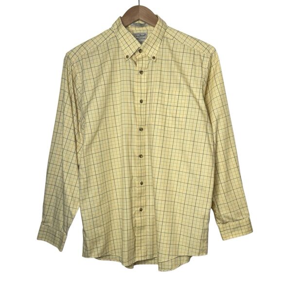 LL Bean Mens Size Large Traditional Fot Yellow Blue Plaid Button Down Shirt - Picture 2 of 10